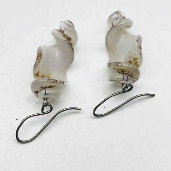 Glass Swirl Dangle Earrings Pink Rose Motif Pierced Retro Boho Romantic - Picture 3 of 8